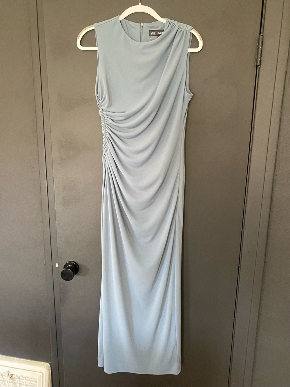 Zara Pale Blue Sleeveless Draped Maxi Dress
